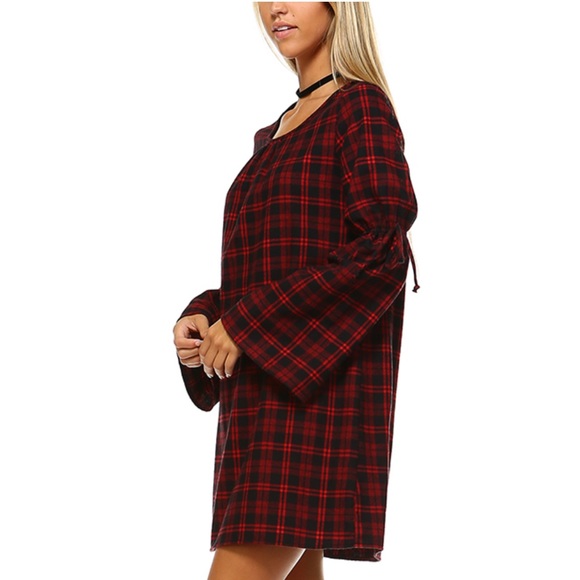2 Hearts Plaid Flannel Bell-Sleeve Shift Dress - Picture 8 of 16